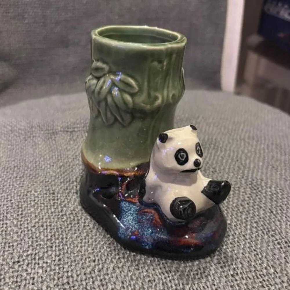 Vintage Ceramic Panda Bamboo Bud Vase Figurine Green White Black